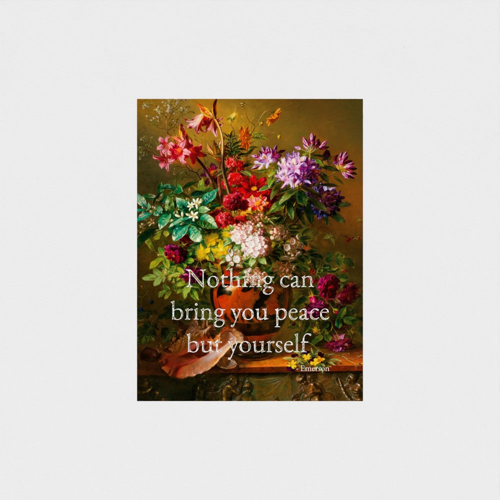 Fine Art Print Floral still life painting with a motivational quote in gold metallic foil text hanging on white background to demonstrate contrast.