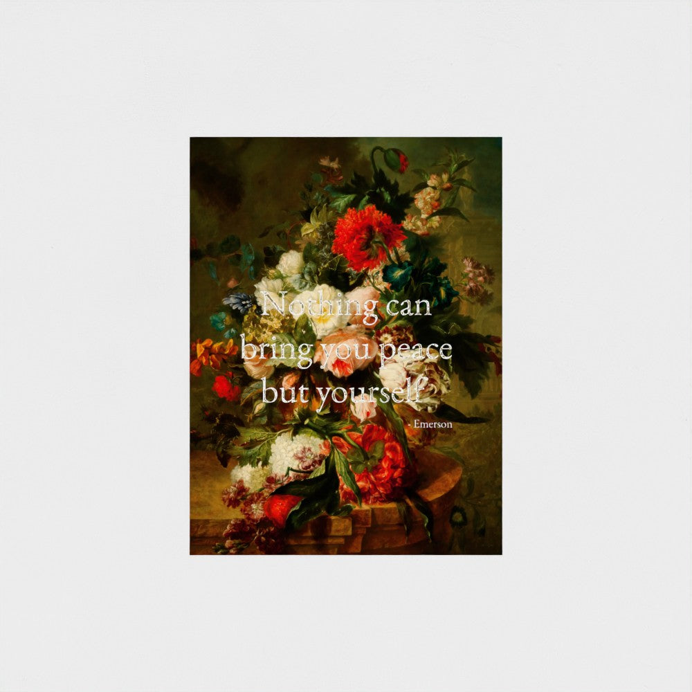 Fine Art Print Floral still life painting with a motivational quote in gold metallic foil text hanging on white background to demonstrate contrast.