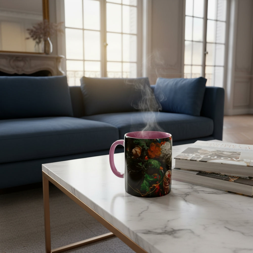 Steaming mug with Dutch Master Still Life Artwork printed on - with pink handle and mug inner, mug sitting on marble coffee table in living room of French Styled Apartment.