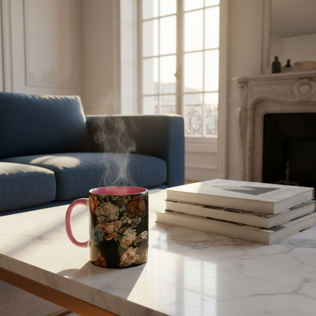 Steaming mug with Dutch Master Still Life Artwork printed on - with pink handle and mug inner, mug sitting on marble coffee table in living room of French Styled Apartment.