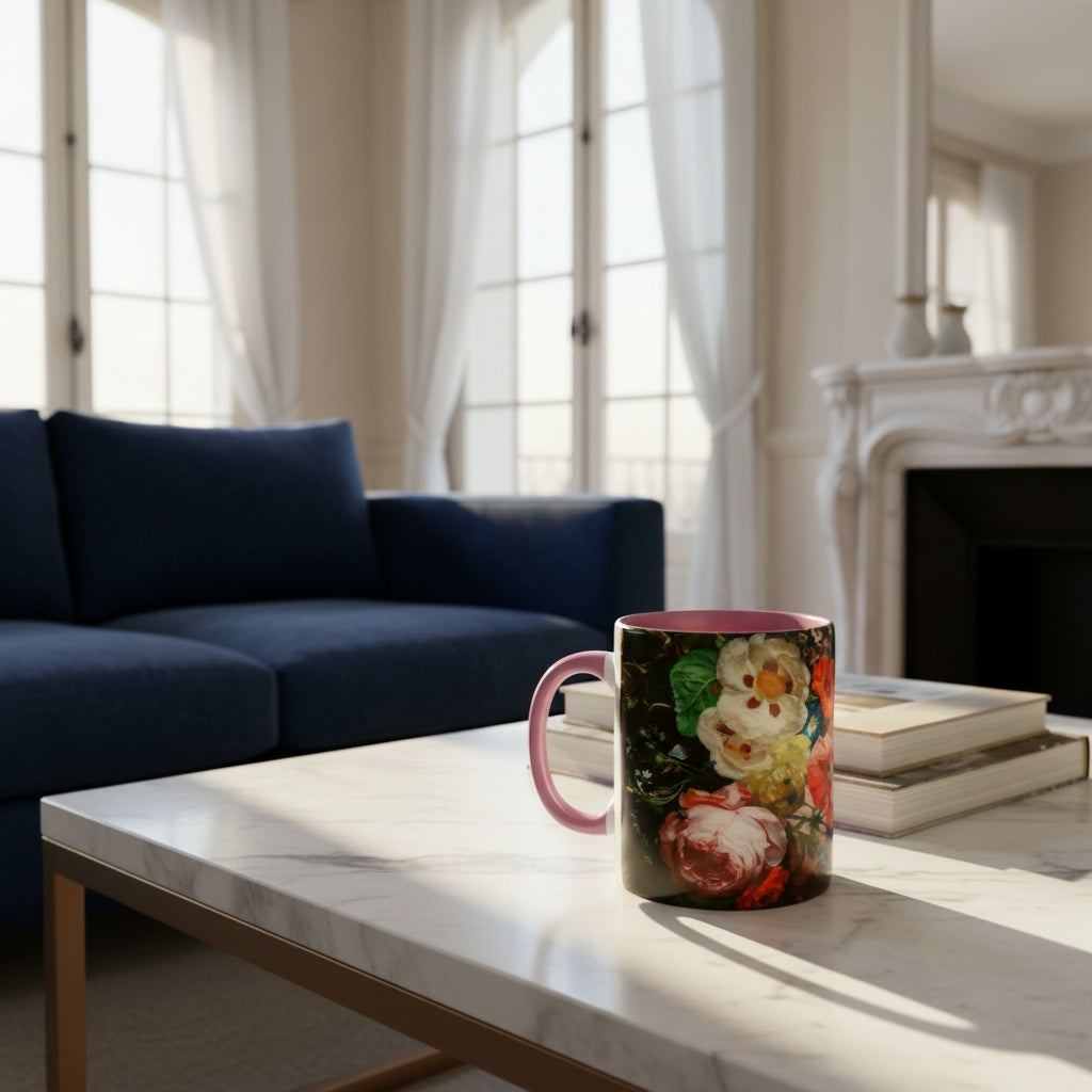 Steaming mug with Dutch Master Still Life Artwork printed on - with pink handle and mug inner, mug sitting on marble coffee table in living room of French Styled Apartment.