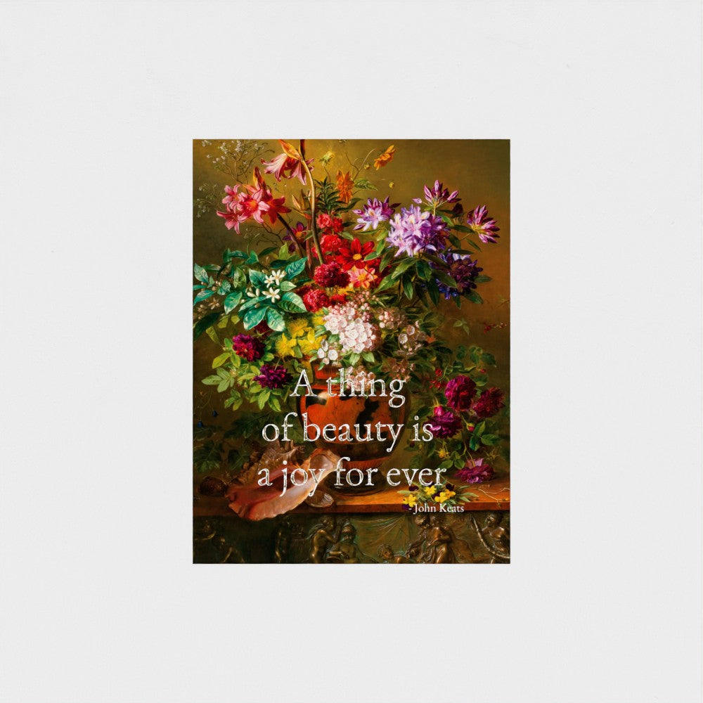 Fine Art Print Floral still life painting with a motivational quote in gold metallic foil text hanging on white background to demonstrate contrast. 