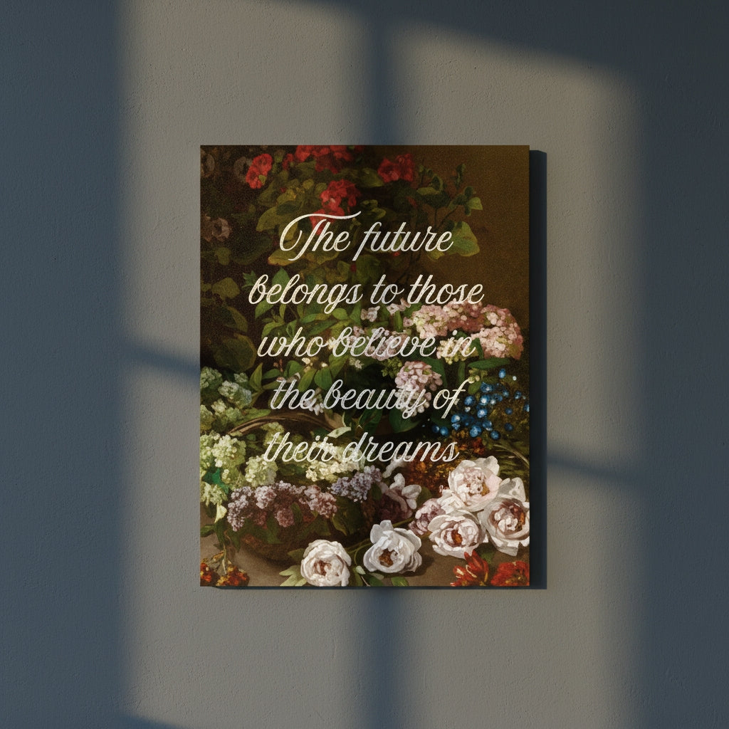 Fine Art Print Floral still life painting with a motivational quote in gold metallic foil text hanging on blue-gray background with spotlight lighting effect.