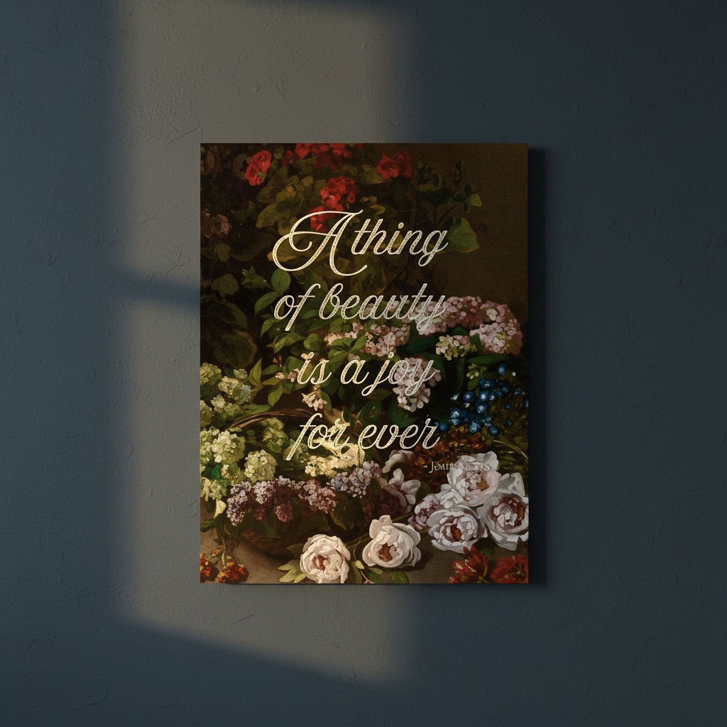 Fine Art Print Floral still life painting with a motivational quote in gold metallic foil text hanging on blue-gray background with spotlight lighting effect.