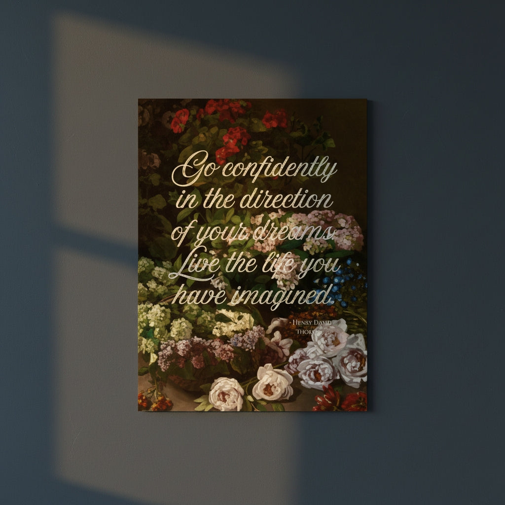 Fine Art Print Floral still life painting with a motivational quote in gold metallic foil text hanging on blue-gray background with spotlight lighting effect.