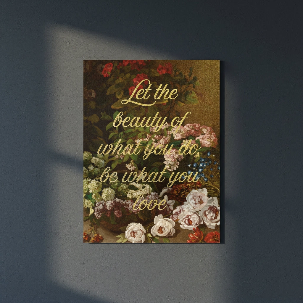 Fine Art Print Floral still life painting with a motivational quote in gold metallic foil text hanging on blue-gray background with spotlight lighting effect.
