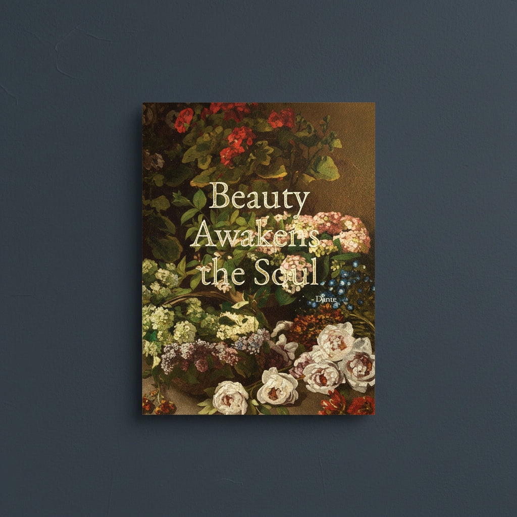 Fine Art Print Floral still life painting with a motivational quote in gold metallic foil text hanging on blue-gray background with spotlight lighting effect.