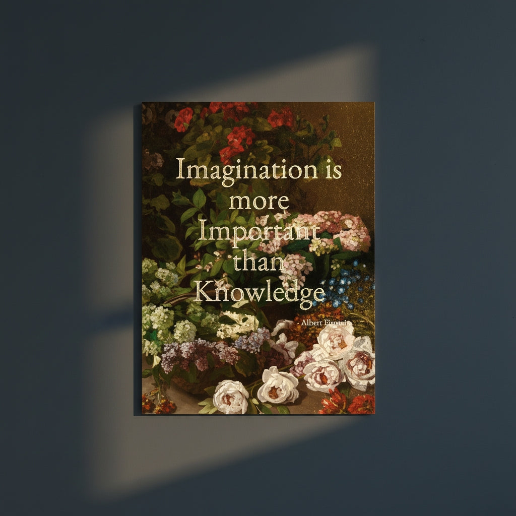 Fine Art Print Floral still life painting with a motivational quote in gold metallic foil text hanging on blue-gray background with spotlight lighting effect.