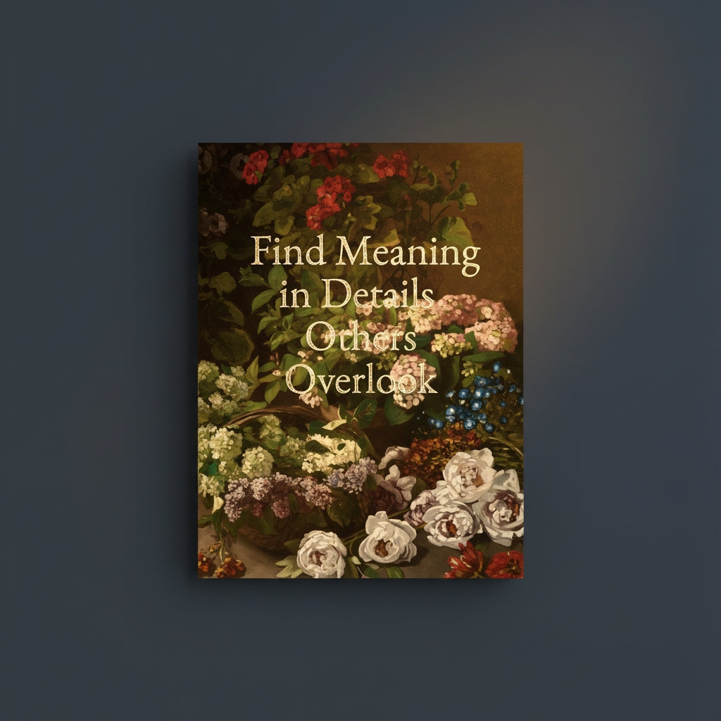 Fine Art Print Floral still life painting with a motivational quote in gold metallic foil text hanging on blue-gray background with spotlight lighting effect.