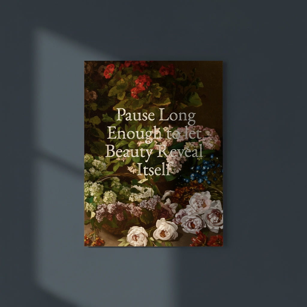 Fine Art Print Floral still life painting with a motivational quote in gold metallic foil text hanging on blue-gray background with spotlight lighting effect.