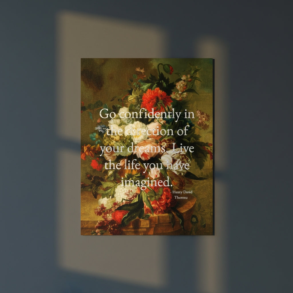 Fine Art Print Floral still life painting with a motivational quote in gold metallic foil text hanging on blue-gray background with sunlight beaming in on it. 