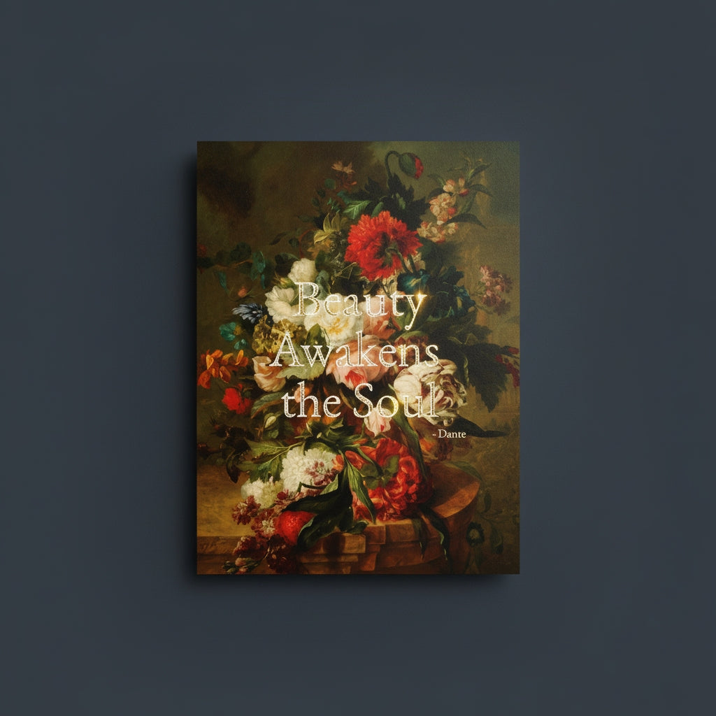 Fine Art Print Floral still life painting with a motivational quote in gold metallic foil text hanging on blue-gray background with sunlight beaming in on it. 