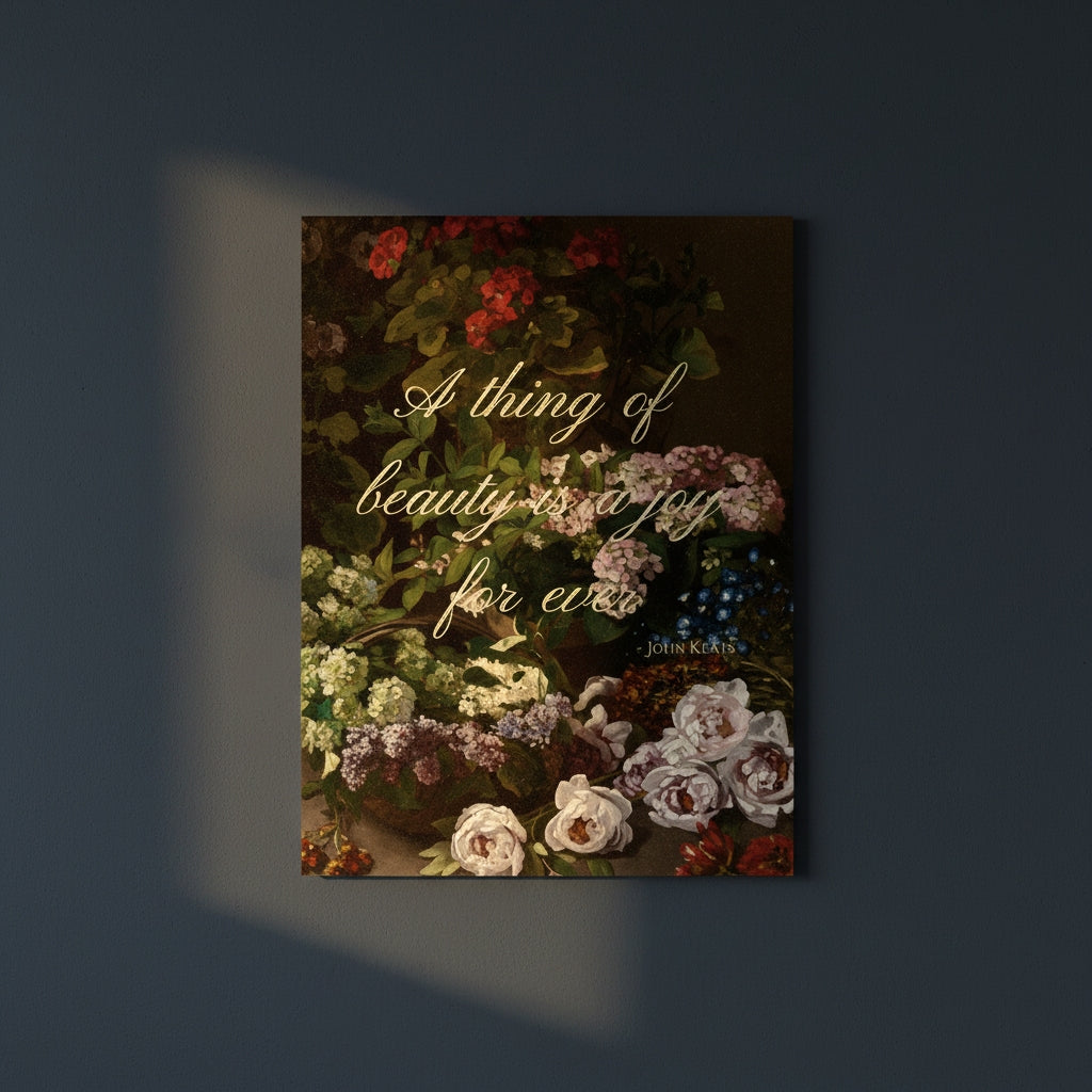 Fine Art Print Floral still life painting with a motivational quote in gold metallic foil text hanging on blue-gray background with spotlight lighting effect.