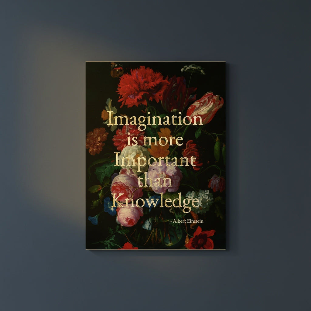 Fine Art Print Floral still life painting with a motivational quote in gold metallic foil text hanging on blue-gray background with spotlight lighting effect.