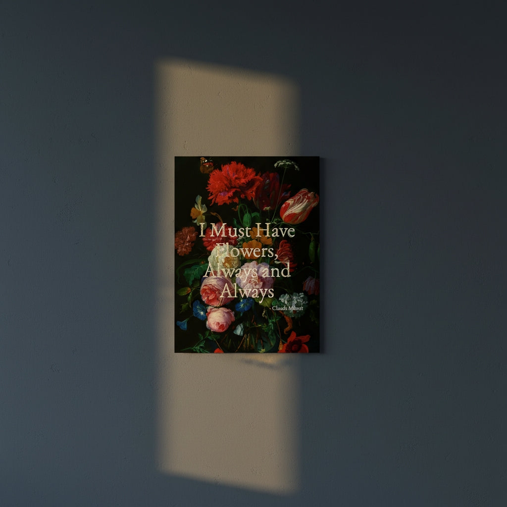 Fine Art Print Floral still life painting with a motivational quote in gold metallic foil text hanging on blue-gray background with spotlight lighting effect.