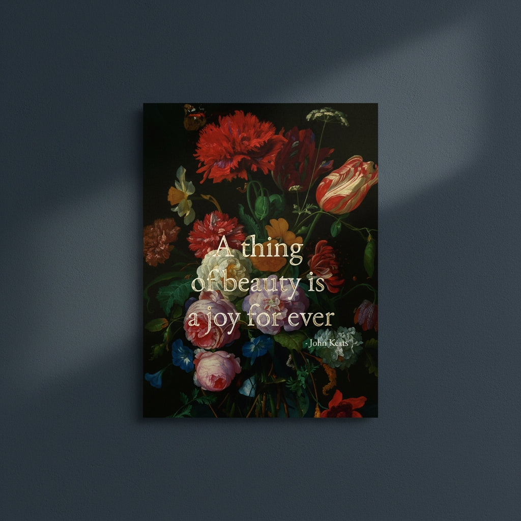 Fine Art Print Floral still life painting with a motivational quote in gold metallic foil text hanging on blue-gray background with spotlight lighting effect.