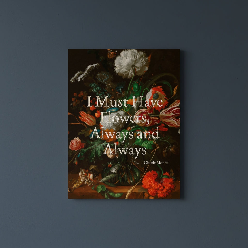 Fine Art Print Floral still life painting with a motivational quote in gold metallic foil text hanging on blue-gray background with spotlight lighting effect.