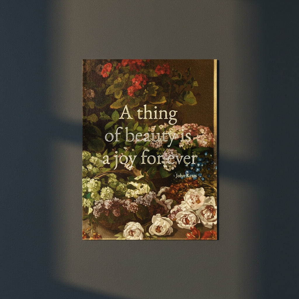 Fine Art Print Floral still life painting with a motivational quote in gold metallic foil text hanging on blue-gray background with spotlight lighting effect.