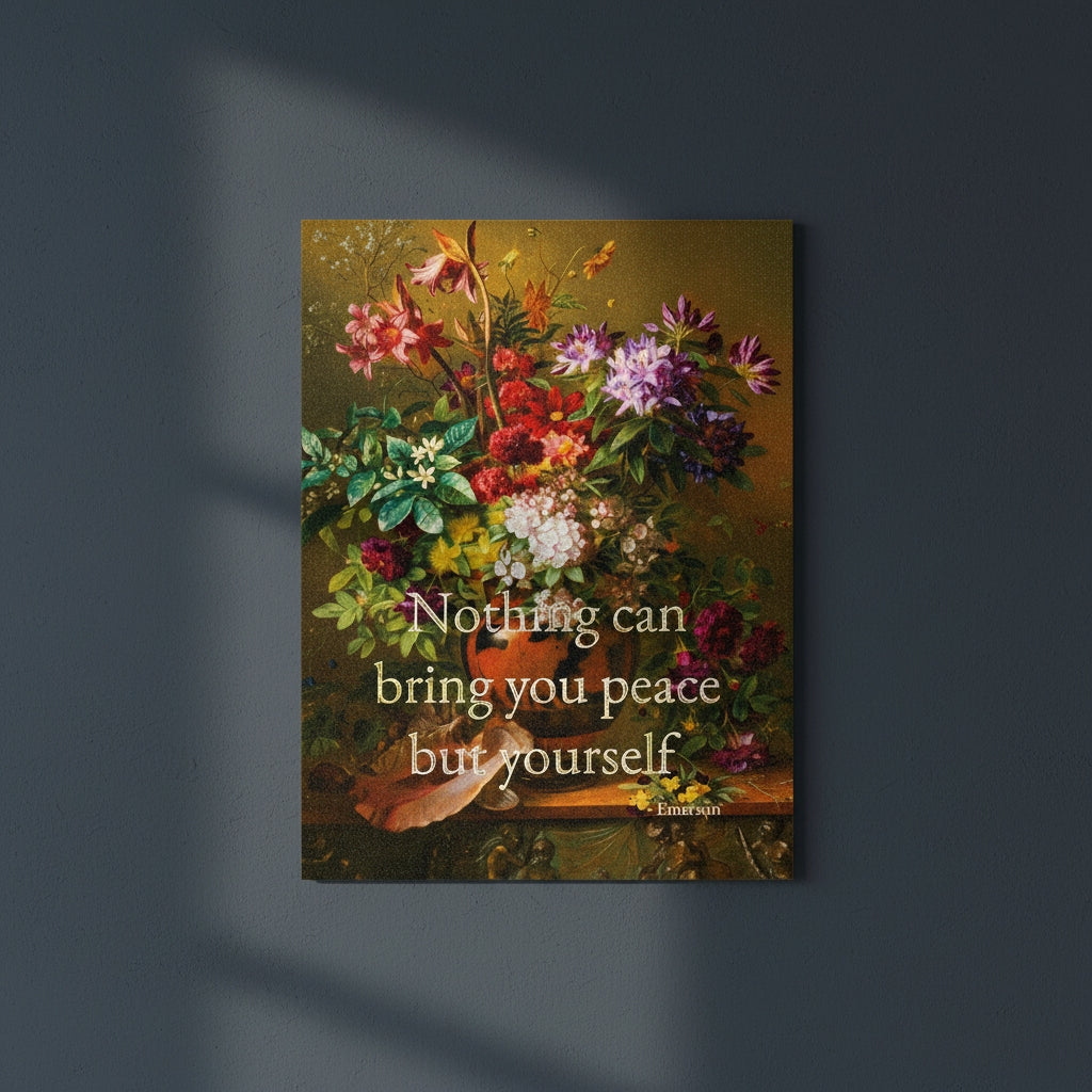 Fine Art Print Floral still life painting with a motivational quote in gold metallic foil text hanging on blue-gray background with sunlight beaming in on it. 