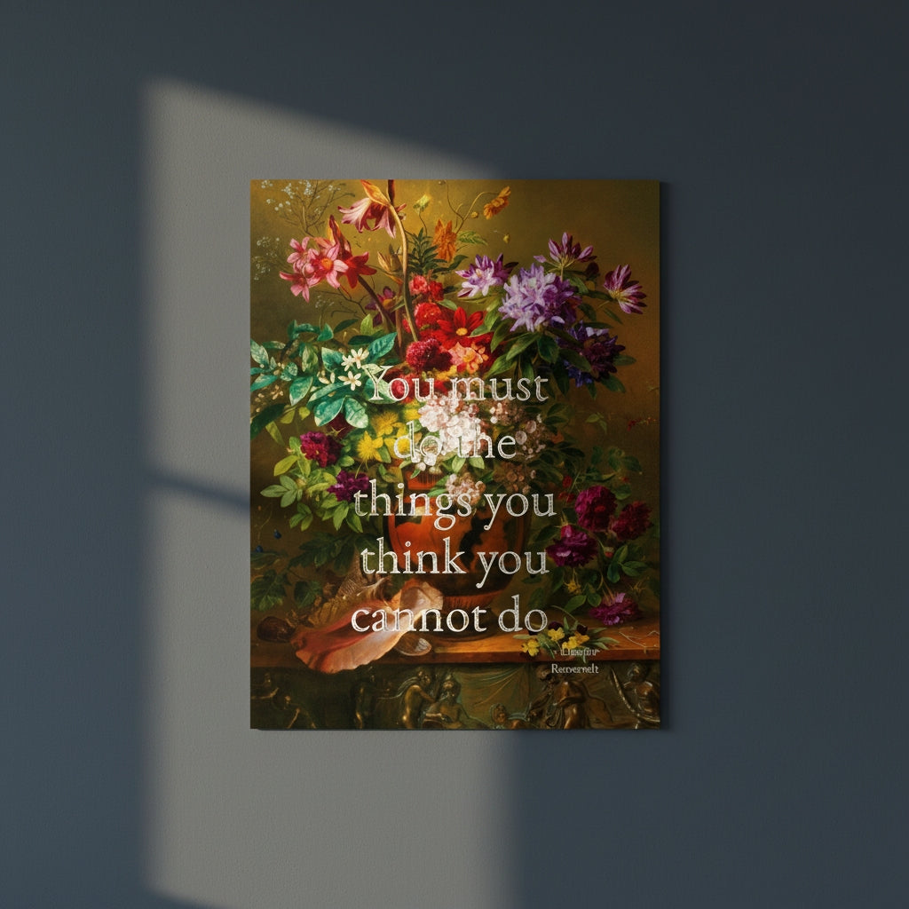 Fine Art Print Floral still life painting with a motivational quote in gold metallic foil text hanging on blue-gray background with sunlight beaming in on it. 