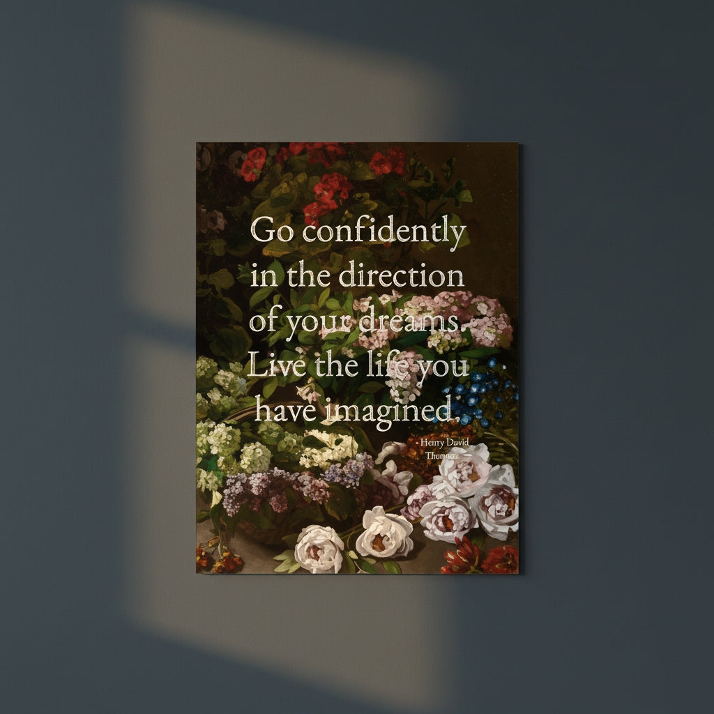 Fine Art Print Floral still life painting with a motivational quote in gold metallic foil text hanging on blue-gray background with spotlight lighting effect.