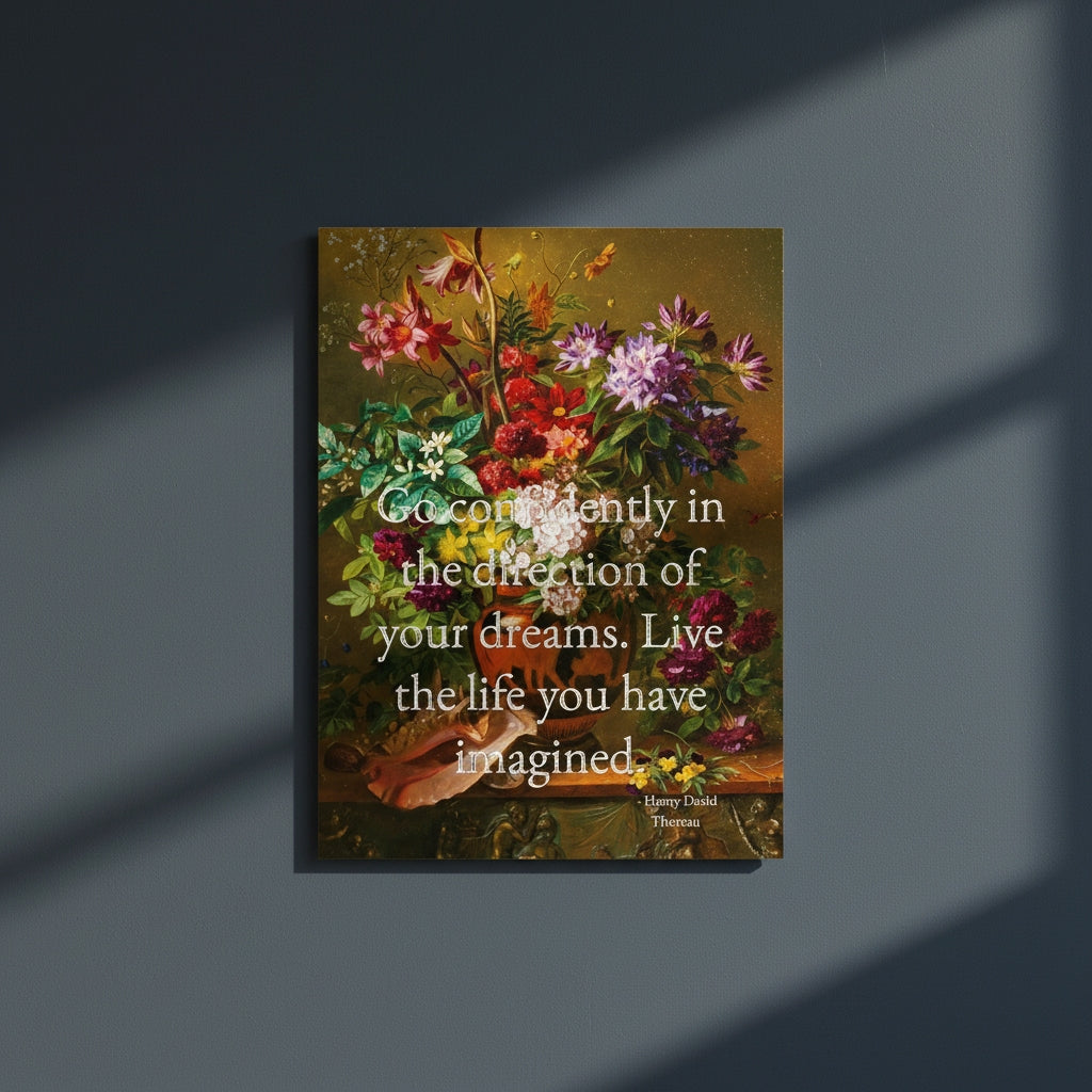 Fine Art Print Floral still life painting with a motivational quote in gold metallic foil text hanging on blue-gray background with sunlight beaming in on it. 