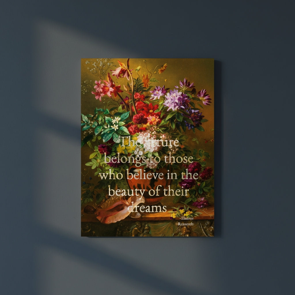 Fine Art Print Floral still life painting with a motivational quote in gold metallic foil text hanging on blue-gray background with sunlight beaming in on it.