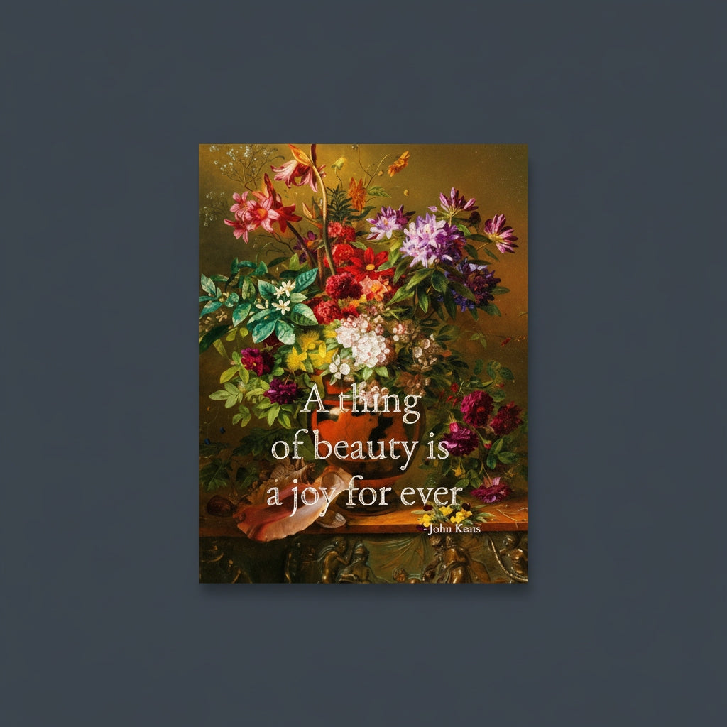 Fine Art Print Floral still life painting with a motivational quote in gold metallic foil text hanging on blue-gray background with sunlight beaming in on it.