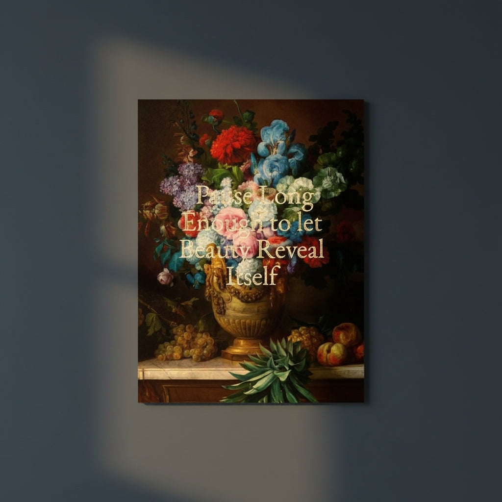 Fine Art Print Floral still life painting with a motivational quote in gold metallic foil text hanging on blue-gray background with spotlight lighting effect.