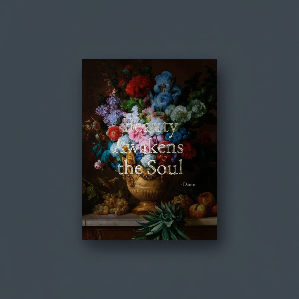 Fine Art Print Floral still life painting with a motivational quote in gold metallic foil text hanging on blue-gray background with spotlight lighting effect.  