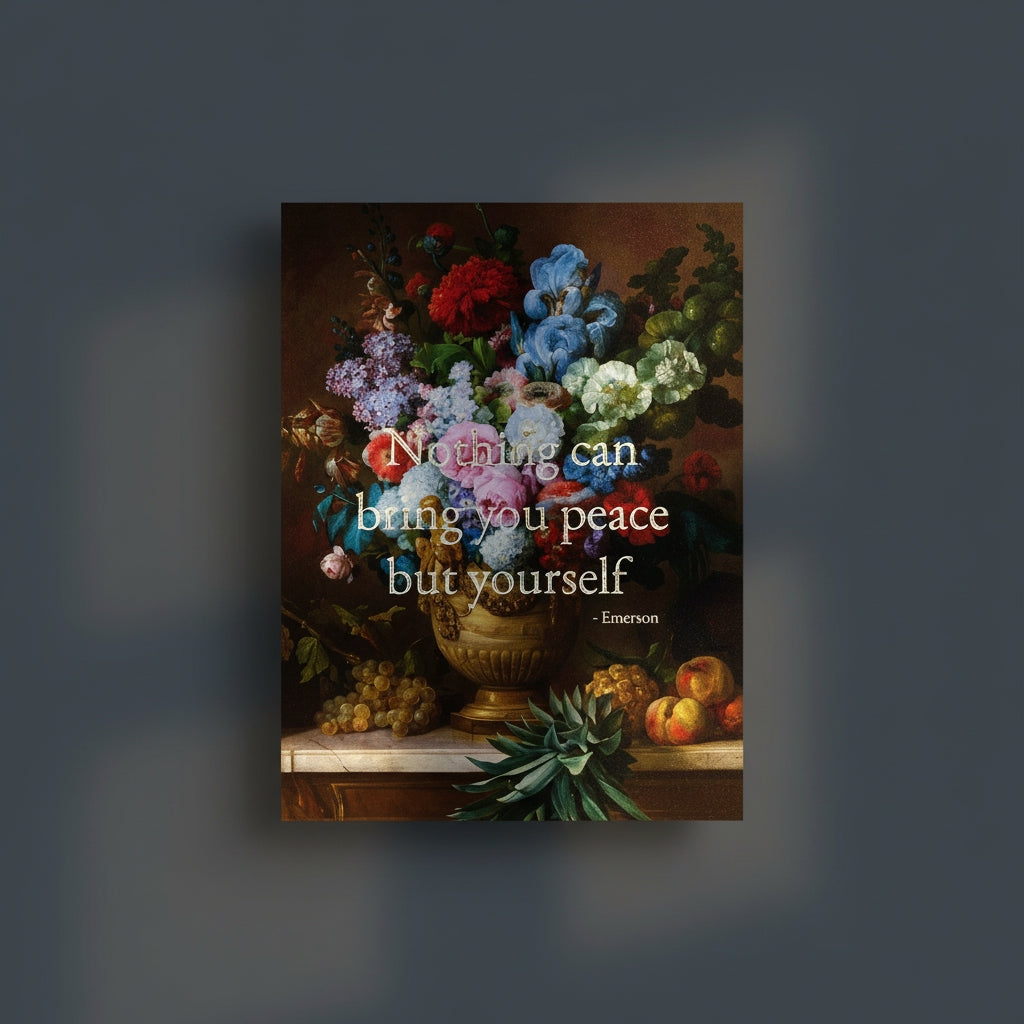 Fine Art Print Floral still life painting with a motivational quote in gold metallic foil text hanging on blue-gray background with spotlight lighting effect. 