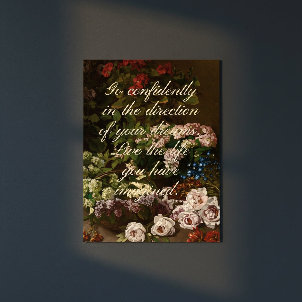 Fine Art Print Floral still life painting with a motivational quote in gold metallic foil text hanging on blue-gray background with spotlight lighting effect.