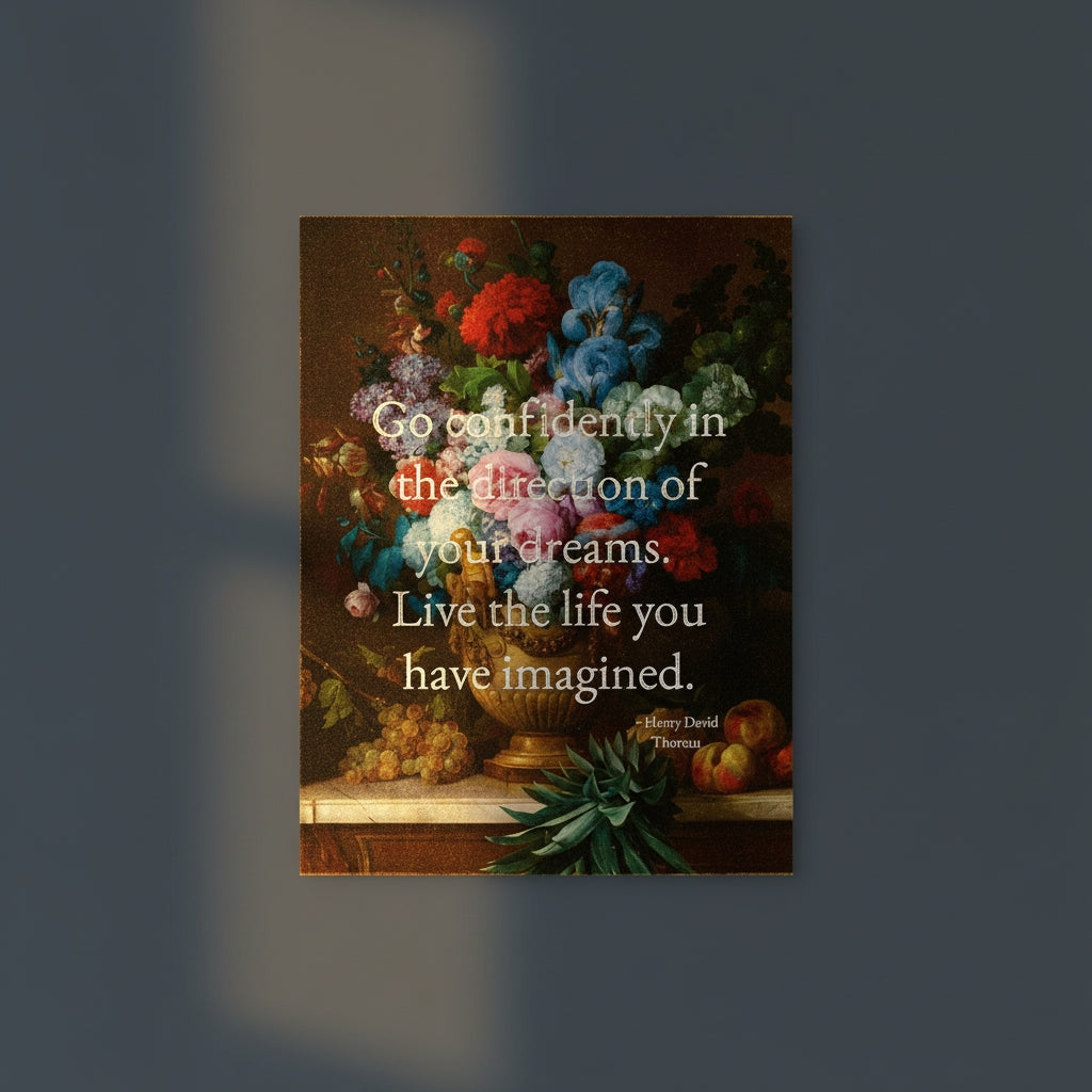 Fine Art Print Floral still life painting with a motivational quote in gold metallic foil text hanging on blue-gray background with spotlight lighting effect. 