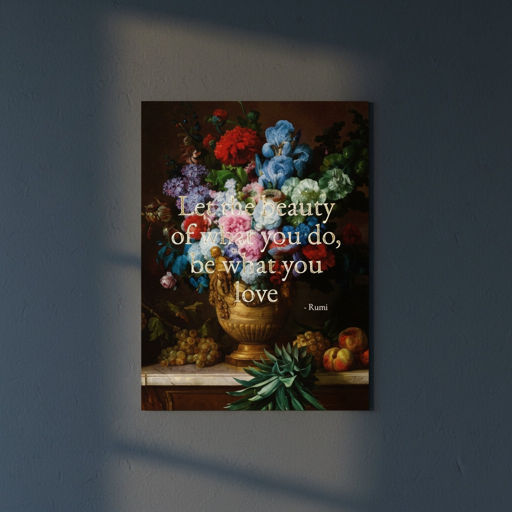 Fine Art Print Floral still life painting with a motivational quote in gold metallic foil text hanging on blue-gray background with spotlight lighting effect. 