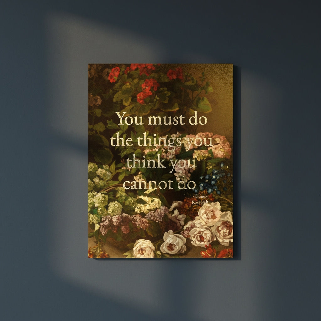 Fine Art Print Floral still life painting with a motivational quote in gold metallic foil text hanging on blue-gray background with spotlight lighting effect.