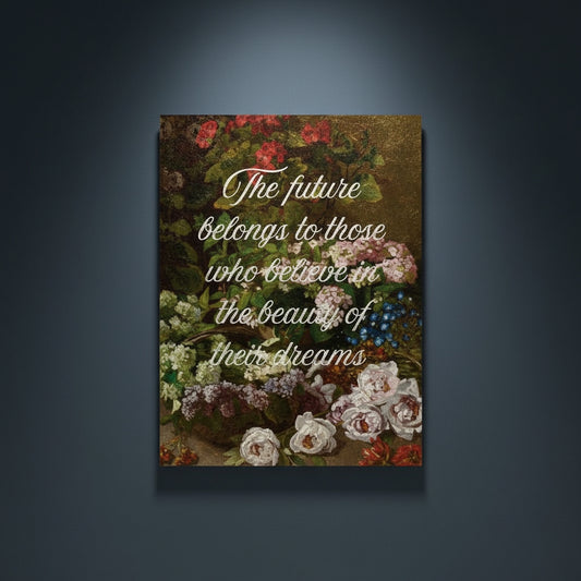 Fine Art Print Floral still life painting with a motivational quote in gold metallic foil text hanging on blue-gray background with spotlight lighting effect.