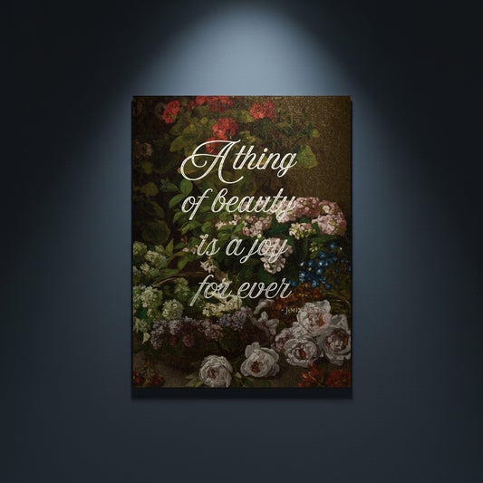 Fine Art Print Floral still life painting with a motivational quote in gold metallic foil text hanging on blue-gray background with spotlight lighting effect.