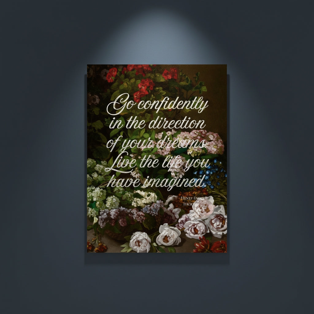 Fine Art Print Floral still life painting with a motivational quote in gold metallic foil text hanging on blue-gray background with spotlight lighting effect.