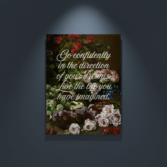 Fine Art Print Floral still life painting with a motivational quote in gold metallic foil text hanging on blue-gray background with spotlight lighting effect.