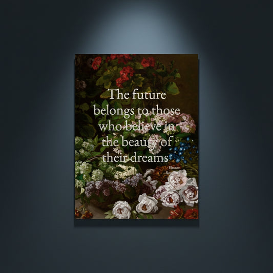 Fine Art Print Floral still life painting with a motivational quote in gold metallic foil text hanging on blue-gray background with spotlight lighting effect.