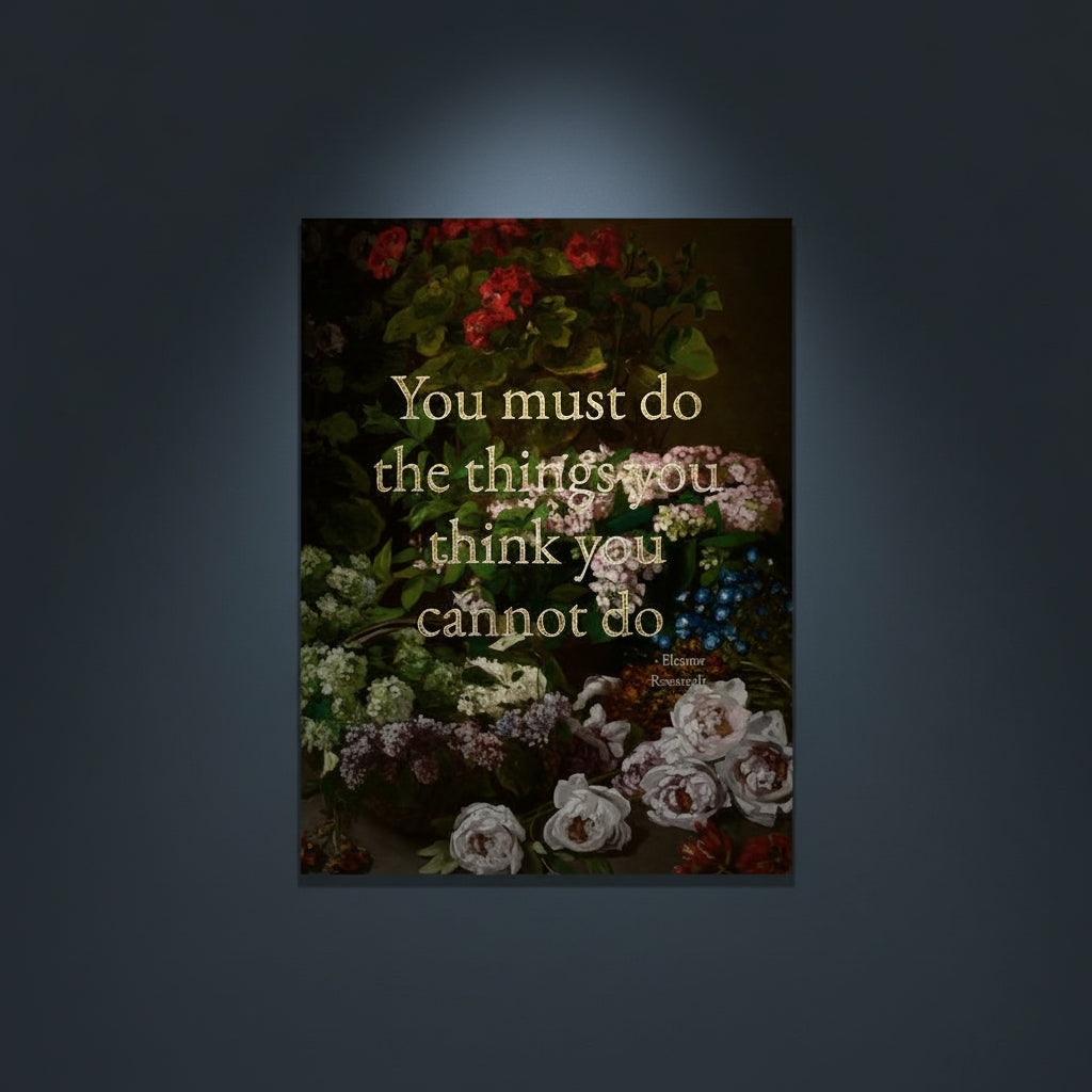 Fine Art Print Floral still life painting with a motivational quote in gold metallic foil text hanging on blue-gray background with spotlight lighting effect.