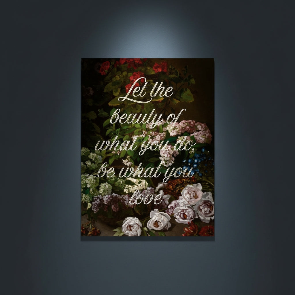 Fine Art Print Floral still life painting with a motivational quote in gold metallic foil text hanging on blue-gray background with spotlight lighting effect.