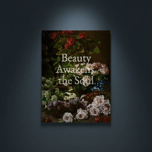 Fine Art Print Floral still life painting with a motivational quote in gold metallic foil text hanging on blue-gray background with spotlight lighting effect.