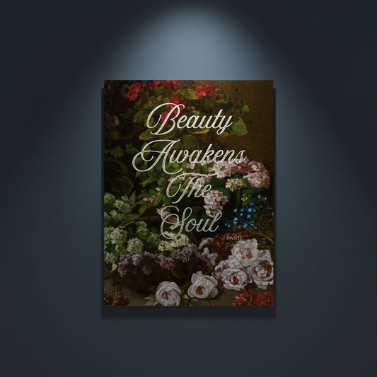 Fine Art Print Floral still life painting with a motivational quote in gold metallic foil text hanging on blue-gray background with spotlight lighting effect.