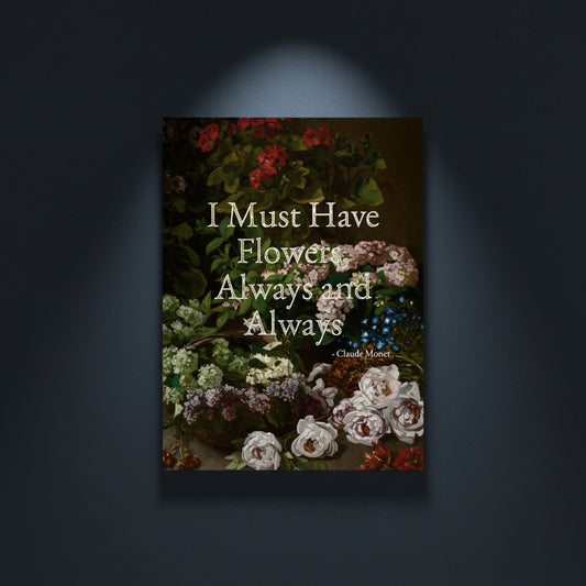 Fine Art Print Floral still life painting with a motivational quote in gold metallic foil text hanging on blue-gray background with spotlight lighting effect.