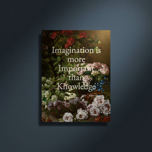 Fine Art Print Floral still life painting with a motivational quote in gold metallic foil text hanging on blue-gray background with spotlight lighting effect.