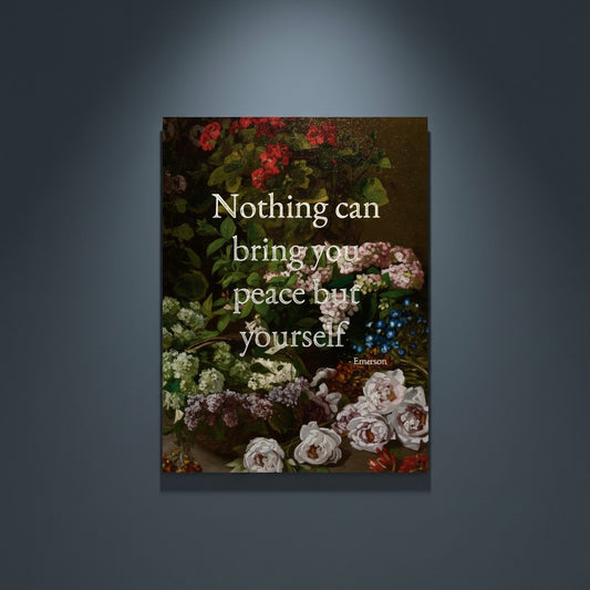 Fine Art Print Floral still life painting with a motivational quote in gold metallic foil text hanging on blue-gray background with spotlight lighting effect.