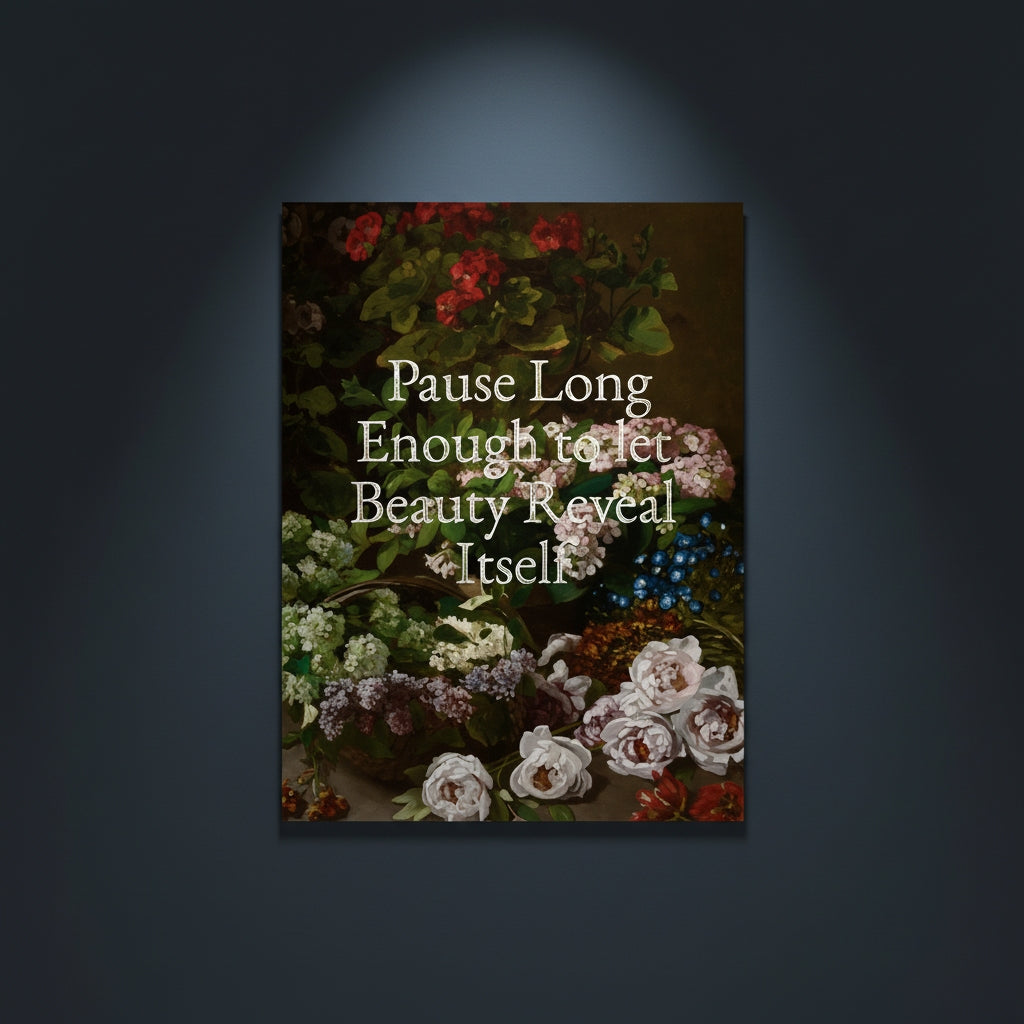 Fine Art Print Floral still life painting with a motivational quote in gold metallic foil text hanging on blue-gray background with spotlight lighting effect.