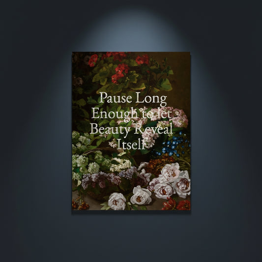 Fine Art Print Floral still life painting with a motivational quote in gold metallic foil text hanging on blue-gray background with spotlight lighting effect.