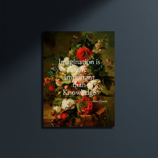 Fine Art Print Floral still life painting with a motivational quote in gold metallic foil text hanging on blue-gray background with spotlight lighting effect. 